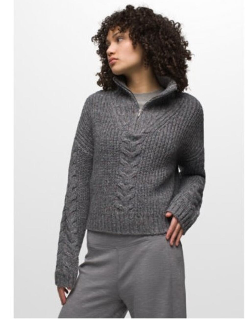 Prana Laurel Creek Sweater Grey Speckled Cableknit 1/4 Zipper Med Cabincore